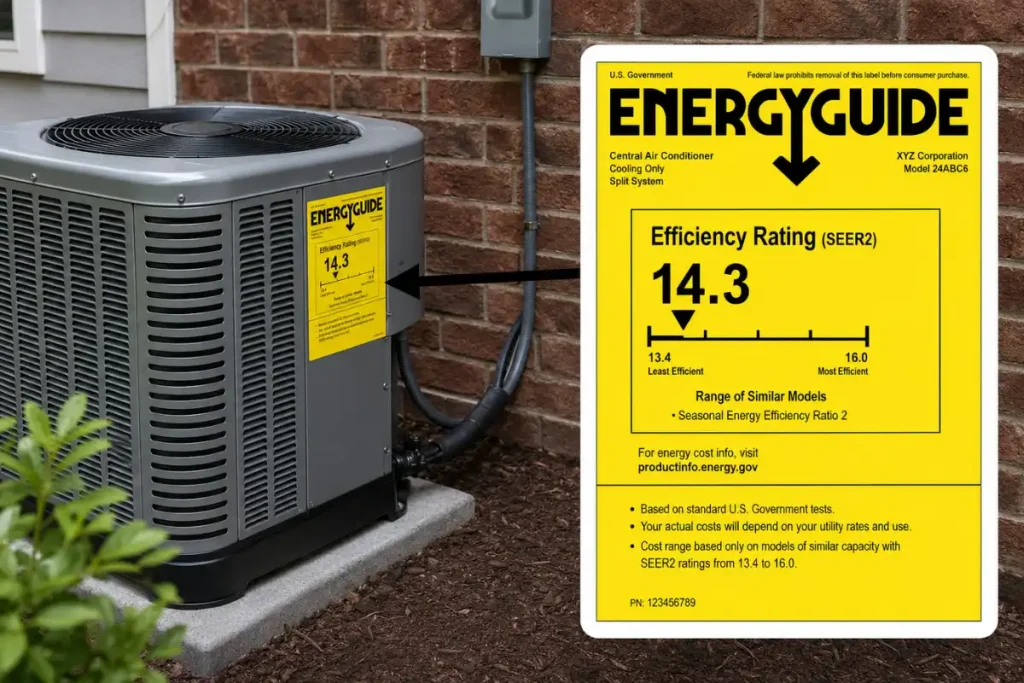 Outdoor AC unit with EnergyGuide label showing 14.3 SEER2 efficiency rating