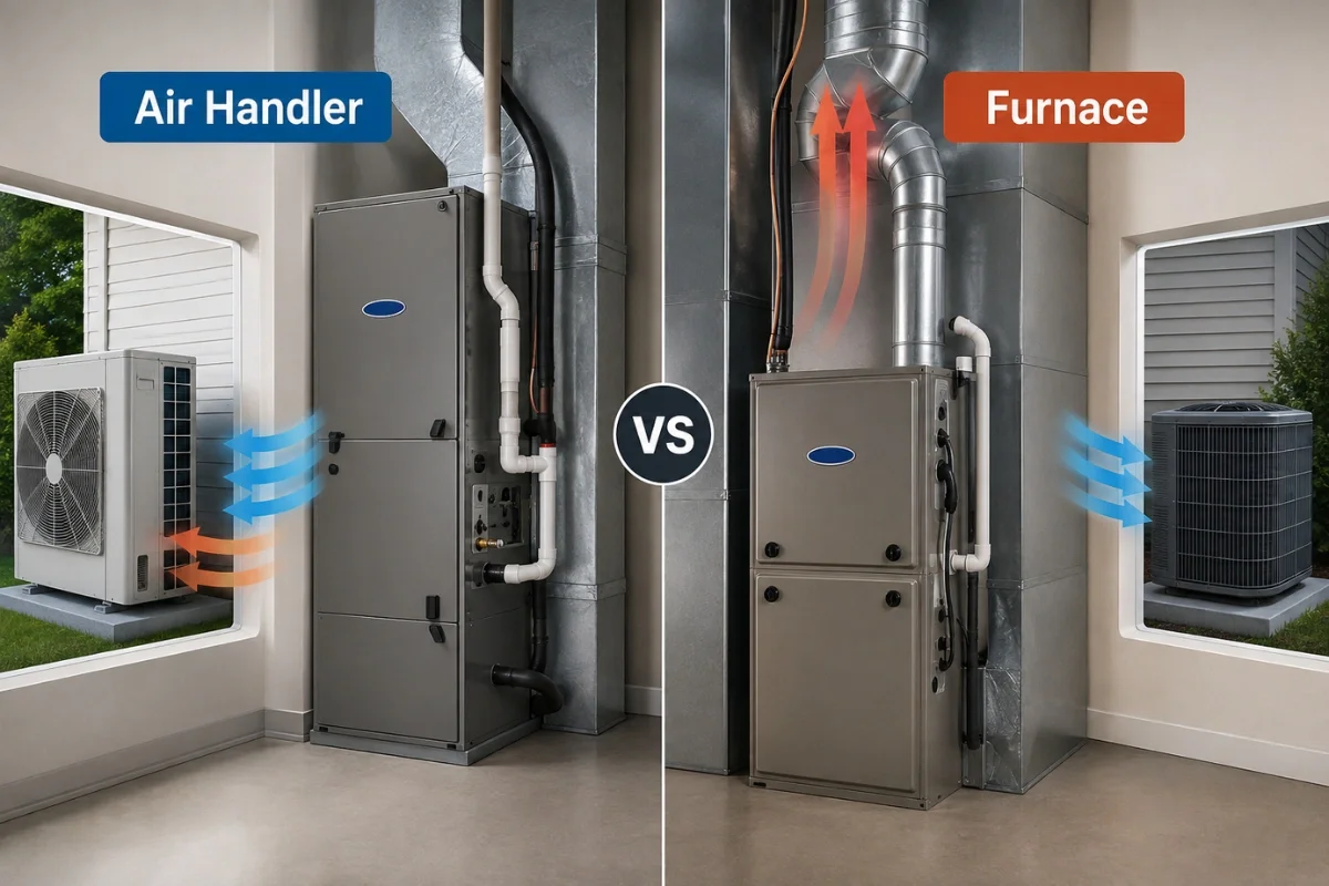 Air handler vs furnace diagram comparing heat pump airflow and gas furnace heating.