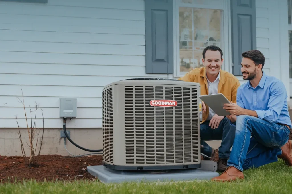 Homeowner reviewing Goodman AC condenser options beside outdoor unit