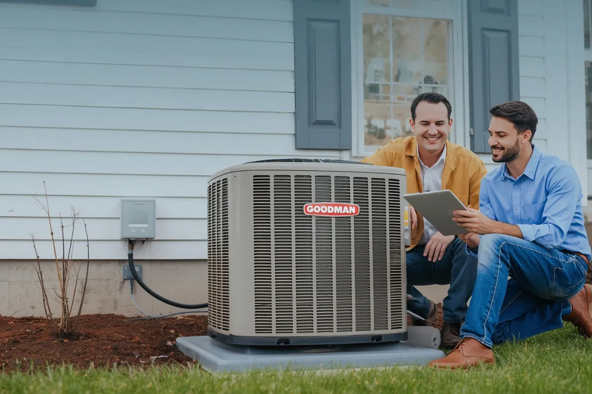 Homeowner reviewing Goodman AC condenser options beside outdoor unit