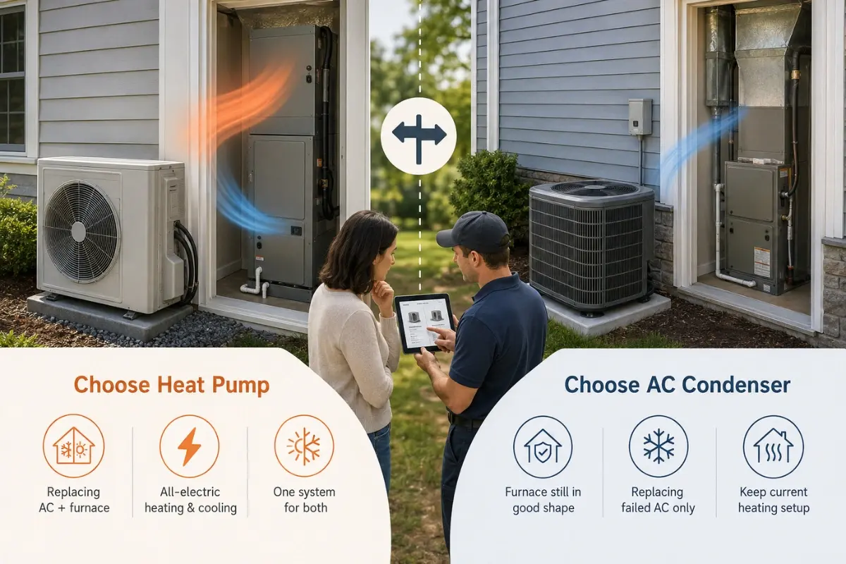 Heat pump vs AC condenser guide showing when to choose each HVAC option